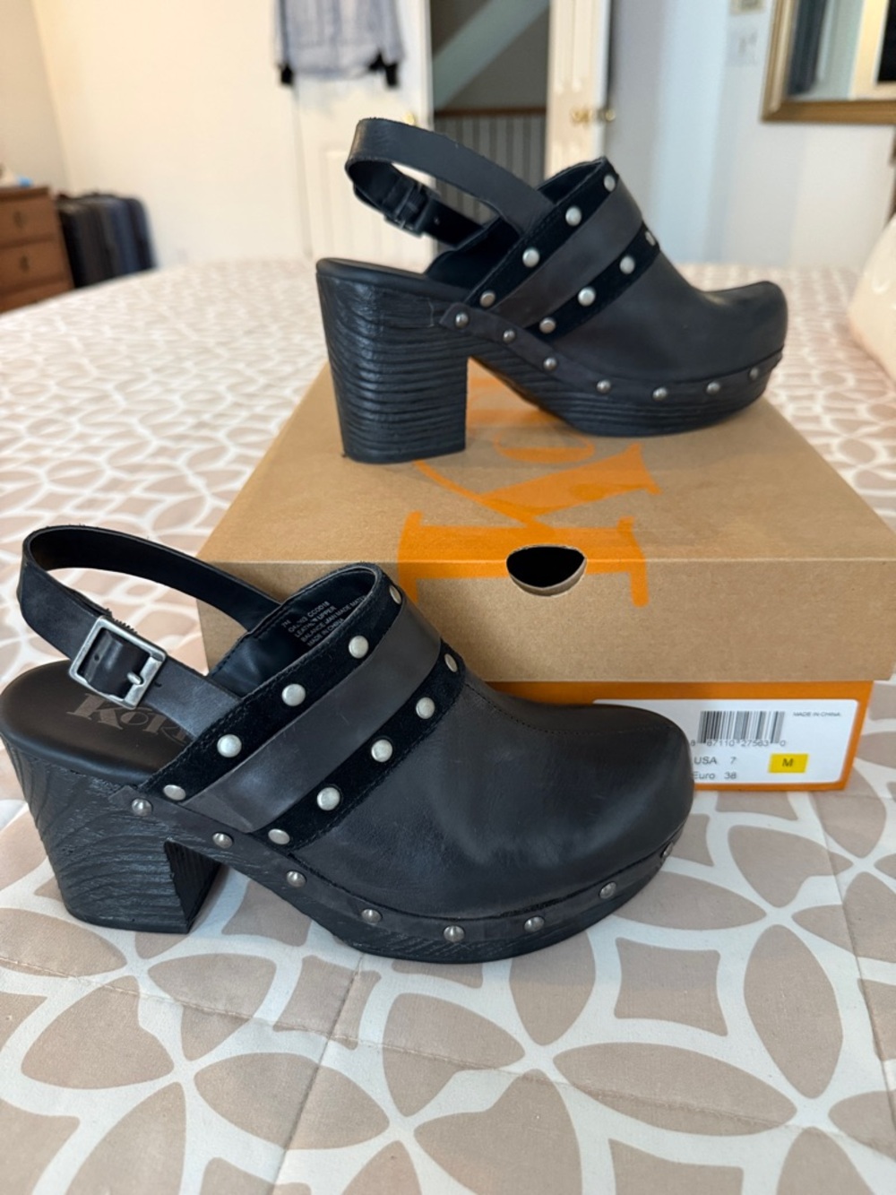 Korks- Black Studded Leather Slingback Clogs - Women